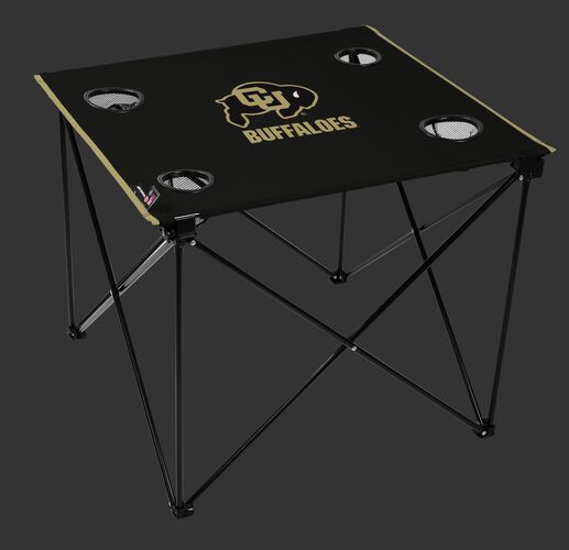 A black NCAA Colorado Buffaloes deluxe tailgate table with four cup holders and team logo printed in the middle