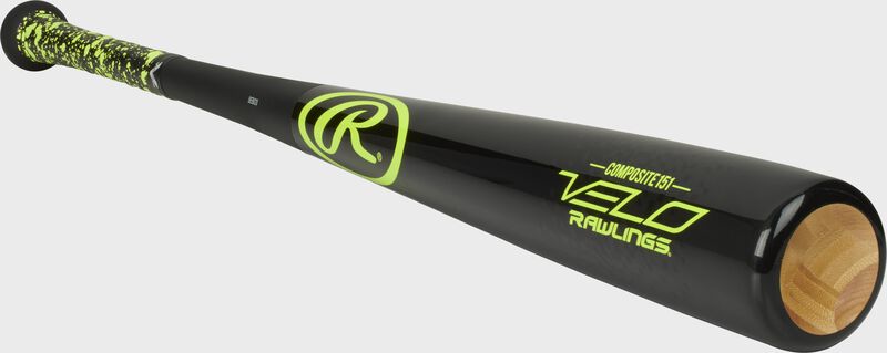 3/4 view of a black Y151CV Velo senior league composite wood bat