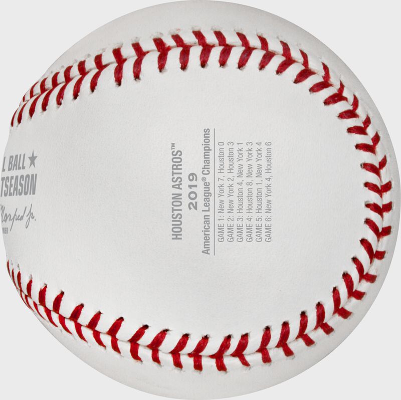 Game scores on the ALCS19CHMP baseball commemorating the Houston Astros American League Championship