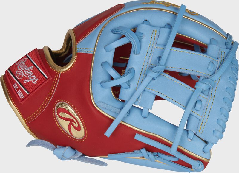 Thumb of a scarlet/columbia blue Gameday 57 Series Kolten Wong Heart of the Hide glove with a columbia blue V-web - SKU: RSGPRO314-7SCB