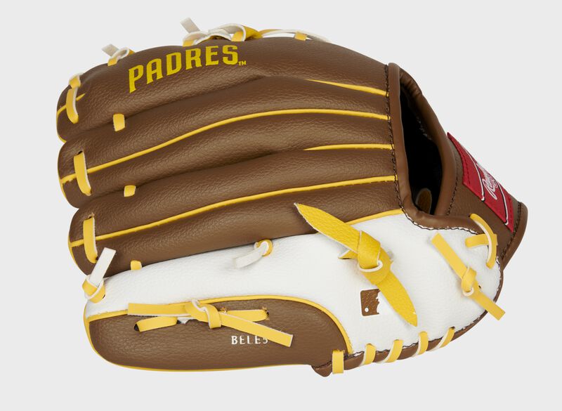 Back of a brown/white San Diego Padres 10-inch youth glove with the MLB logo on the pinky - SKU: 22000019111