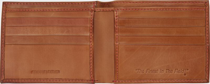 Inside of a tan Rawlings Double Play bi-fold wallet opened up
