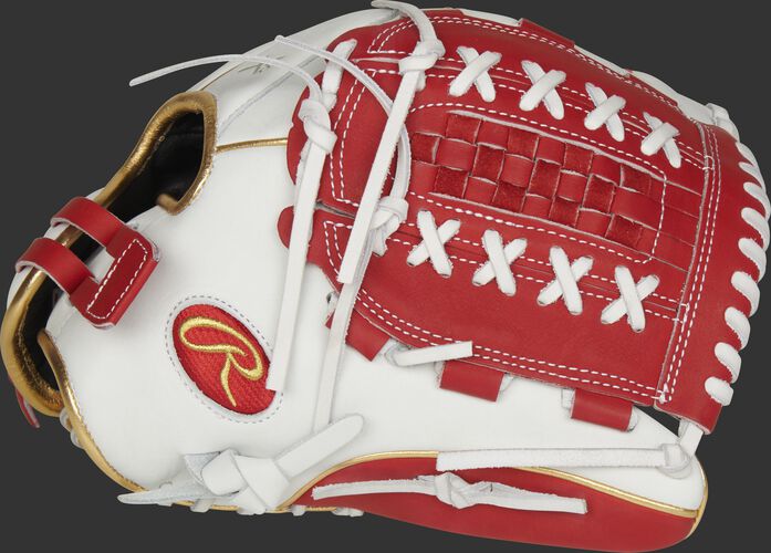 Thumb of a white RLA125-18S Liberty Advanced Color Series 12.5-inch fastpitch glove with a scarlet Double Laced Basket web