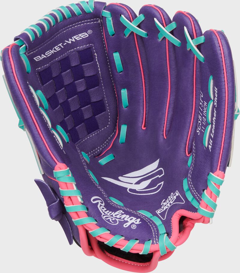 Palm of a purple/pink/mint Sure Catch Softball 11.5-inch Youth Softball Glove