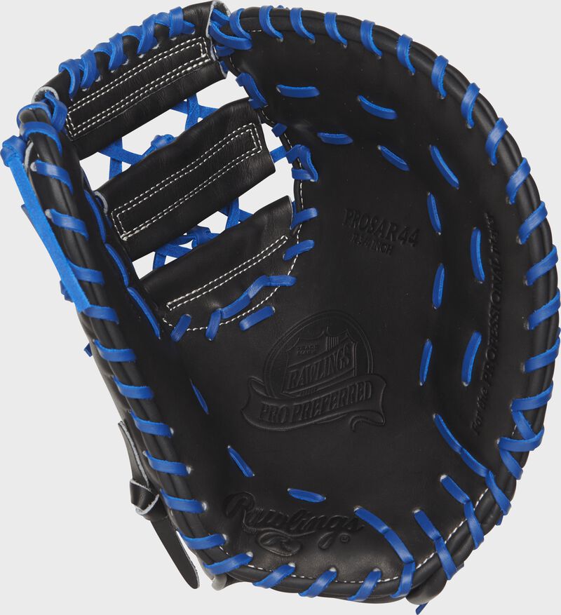PROSAR44 Rawlings Anthony Rizzo first base mitt with a black palm and royal blue laces