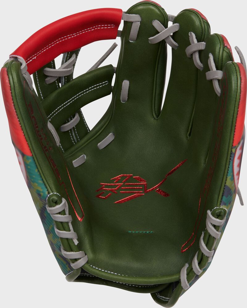 Military green leather palm of a Rawlings Veteran's Day REV1X 11.75" infield glove