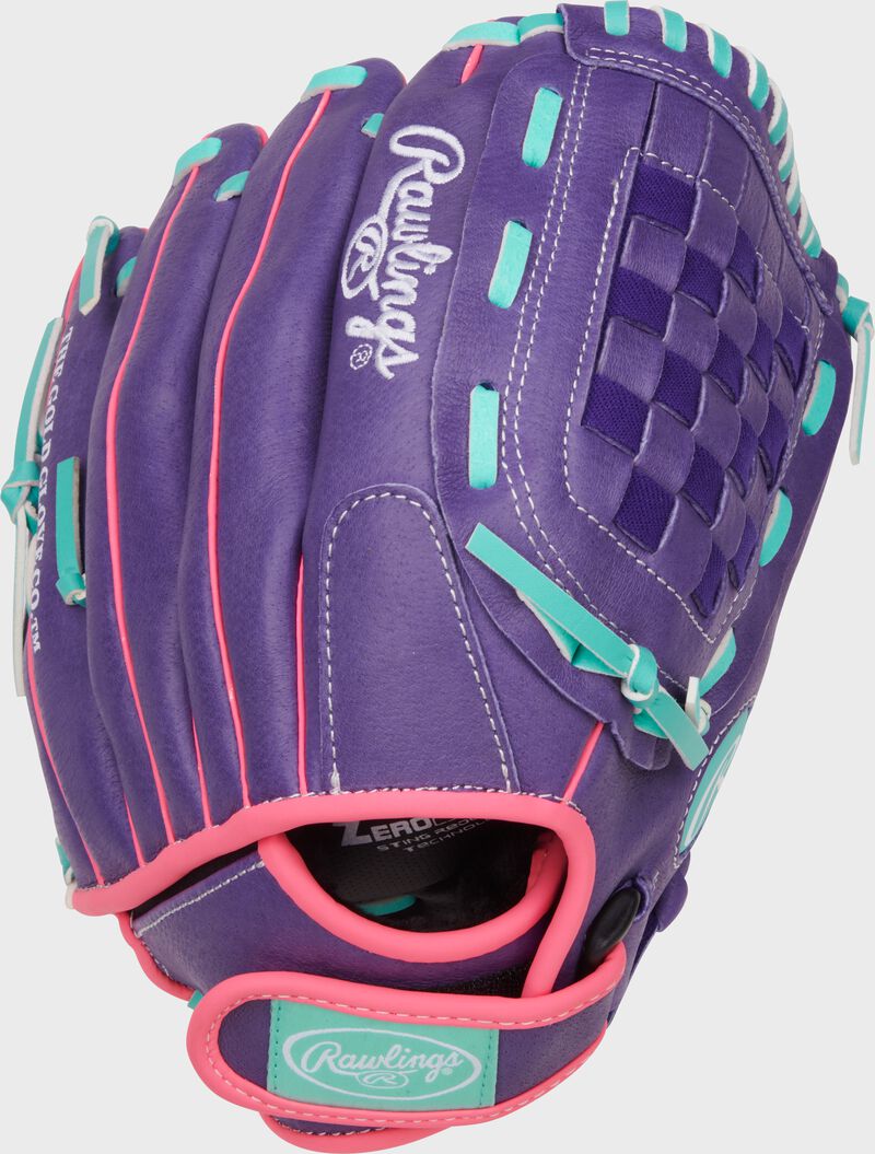 Back of a purple/pink/mint Sure Catch Softball 11.5-inch Youth Softball Glove loading=