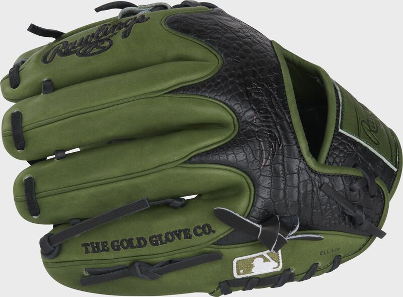 Military green/black croc wing tip back of a ColorSync 8.0 Heart of the Hide 11.5" infield glove with the MLB logo on the pinky - SKU: PRO204W-2XMG
