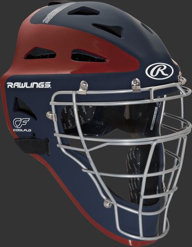 Front right of a navy/scarlet CHVELY Rawlings Velo catcher's helmet
