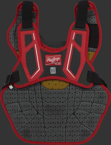 Back harness of a scarlet/black CPV2N intermediate Velo 2.0 chest protector with Dynamic Fit System 2.0