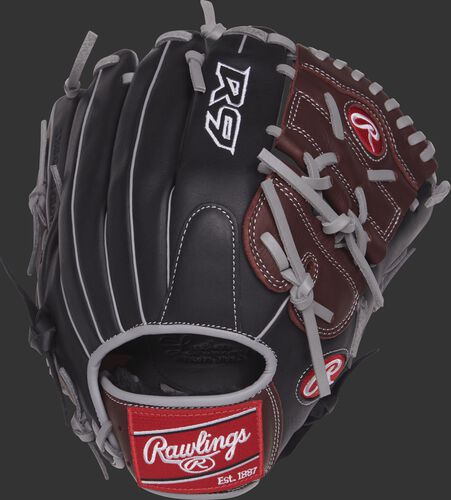 Back view of a R9206-9BSG 12-inch R9 glove with a black back and grey binding and welting