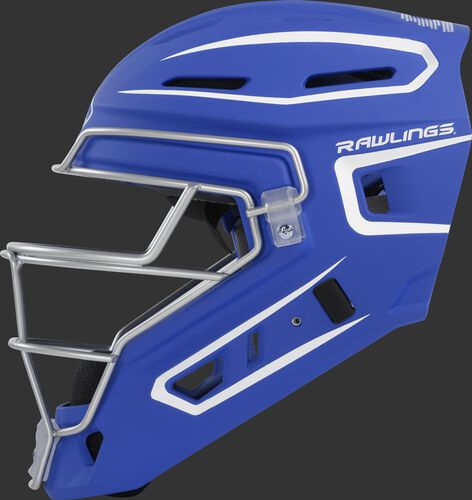 Left side of a royal CHV27J Rawlings hockey style Velo 2.0 catcher's helmet