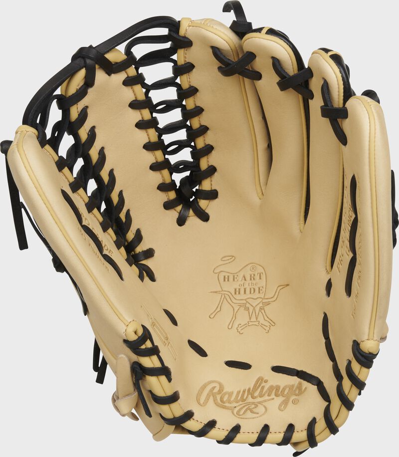 Camel palm of a Rawlings Heart of the Hide R2G outfield glove with black laces - SKU: PROR3039-22CB