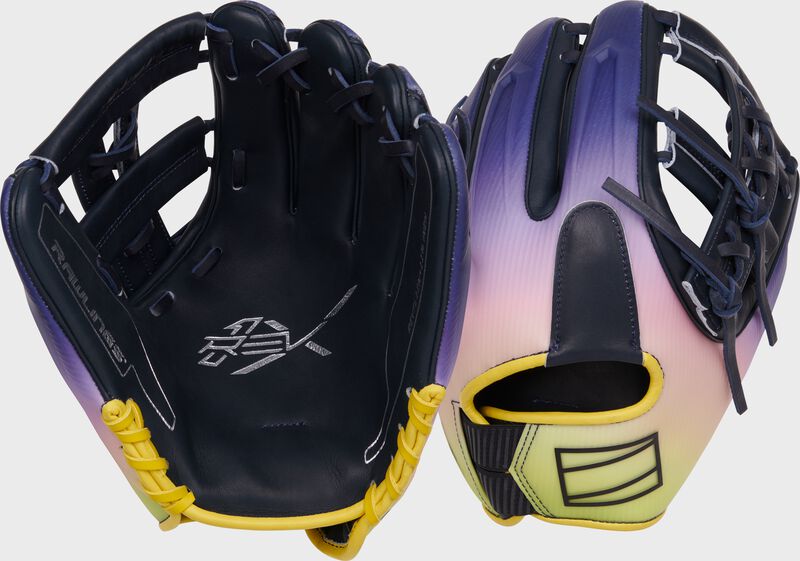 Two images showing the palm & back of a navy/pink/gold Rawlings REV1X Francisco Lindor Infield glove