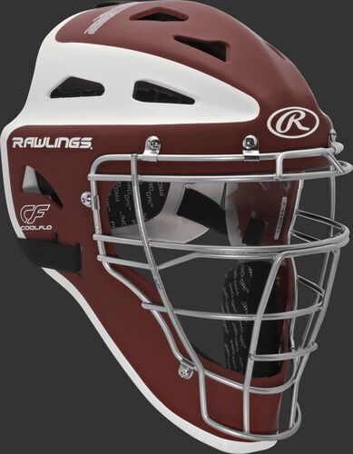 Front right of a cardinal/white CHVELY Rawlings Velo catcher's helmet