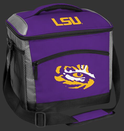 A purple LSU Tigers 24 can soft sided cooler with screen printed team logos - SKU: 10223035111