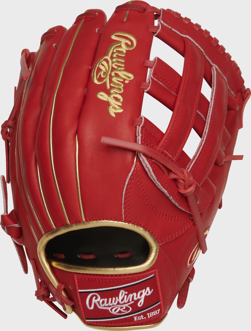 Shell back view of scarlet red Gameday 57 Series Joey Gallo Heart of the Hide glove image number null
