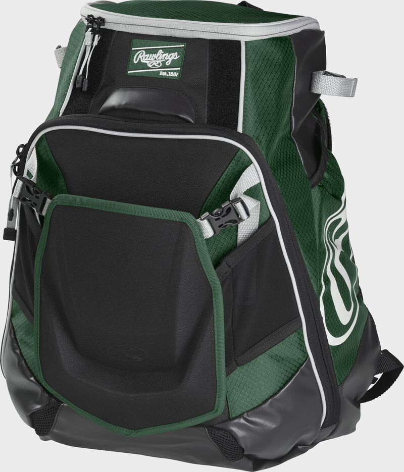 Front left of a dark green VELOBK Rawlings Velo equipment backpack with an Oval R logo on the side compartment