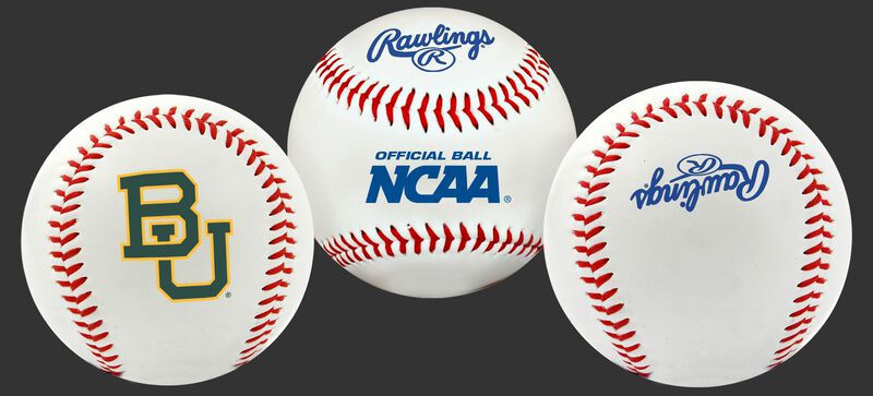 Three NCAA Baylor Bears baseballs with a team logo, NCAA and Rawlings logo