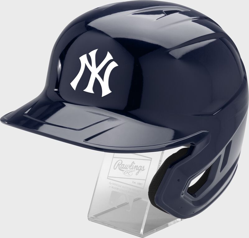 Front left of a navy Rawlings New York Yankees replica helmet - SKU: MLBMR-NYY