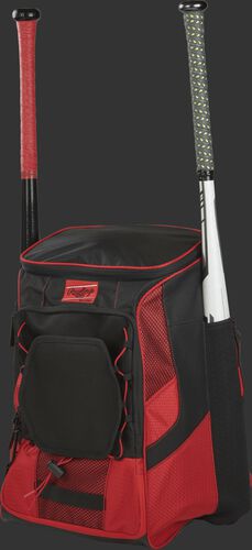 Front left of a scarlet/black R600 Rawlings players equipment backpack with two bats