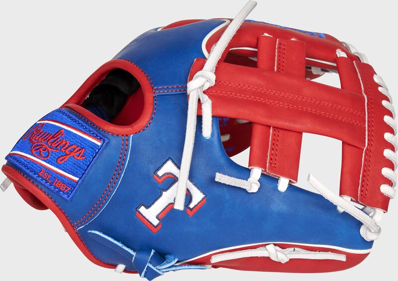 Web back view of royal, scarlet, and platinum 2021 Texas Rangers Heart of the Hide glove