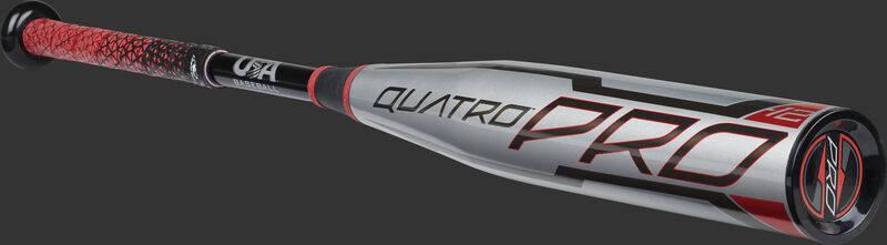 Angled view of a Rawlings 2021 USA Quatro Pro with a silver barrel and black end cap - SKU: US1Q12