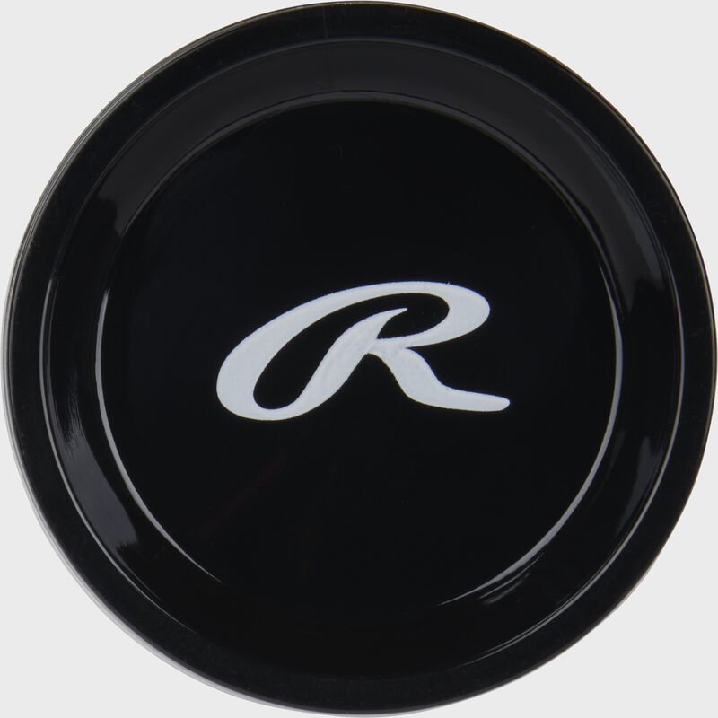 Black end cap of a Rawlings Peak USSSA bat with a white script "R" logo - SKU: RUT4P