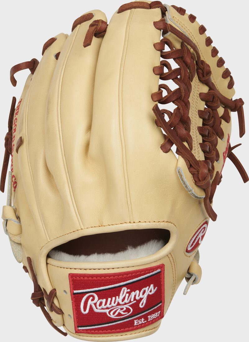 Back of a camel 11.75-Inch Pro Preferred infield/pitcher's glove with a red Rawlings patch - SKU: PROS15TCPRO