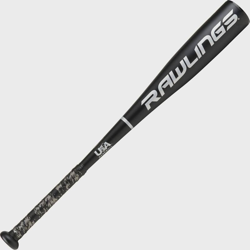 Angled view of a black Big Stick t-ball bat with the Rawlings logo on the barrel - SKU: WALTBBS11