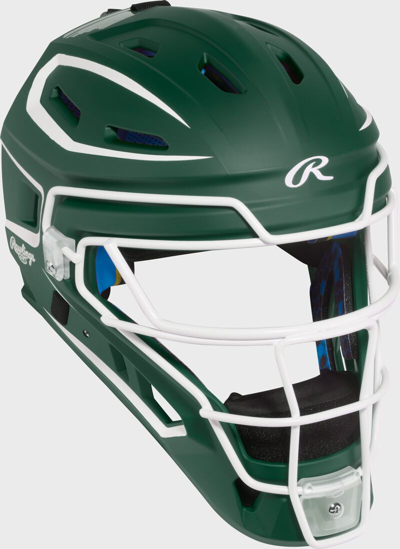 Front right of a dark green Rawlings Mach Pro Series catcher's helmet loading=