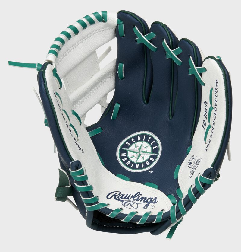 A navy/white Rawlings Seattle Mariners youth glove with a Mariners logo stamped in the palm - SKU: 22000015111 loading=