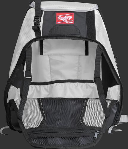 An open R500 Rawlings Players equipment backpack with white interior