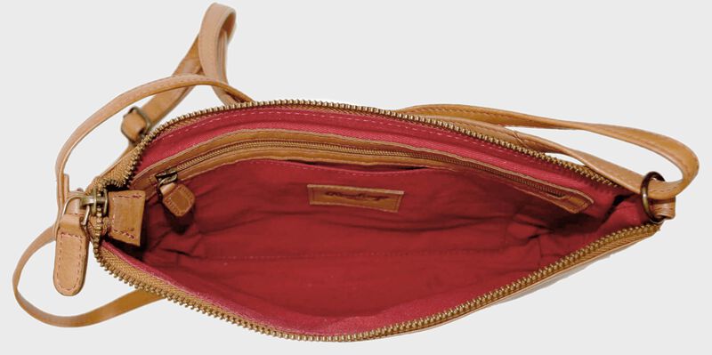Inside of a tan leather cross mini bag purse with red lining - SKU: MW471-204