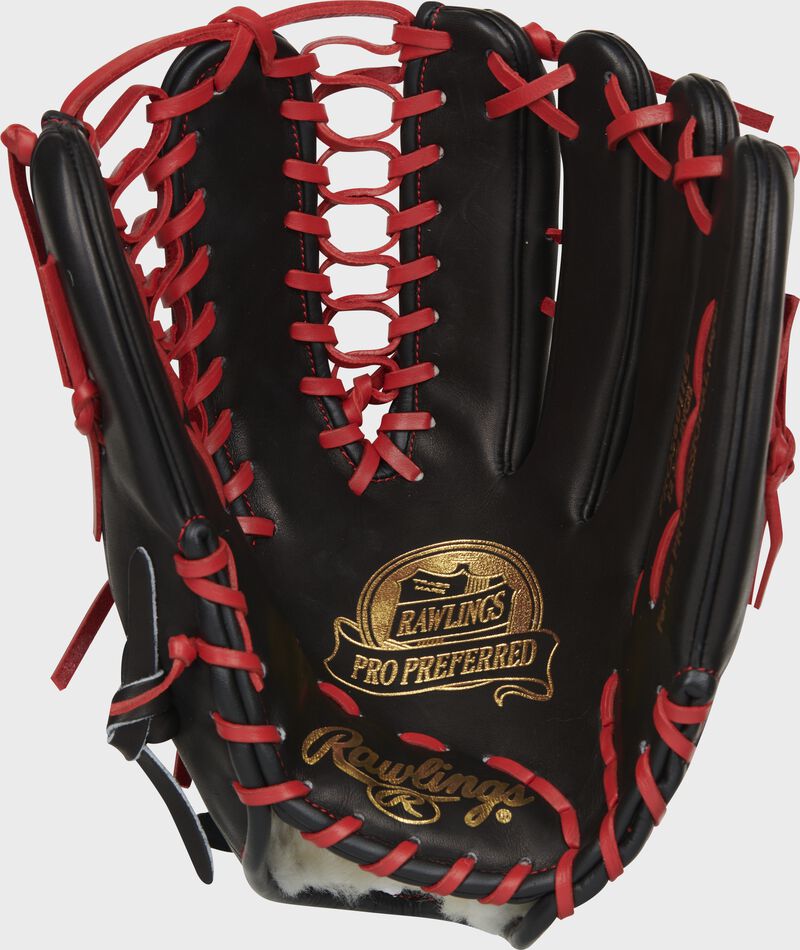Palm of a black Harrison Bader Pro Preferred outfield glove with red laces - SKU: RSGPROS601HB