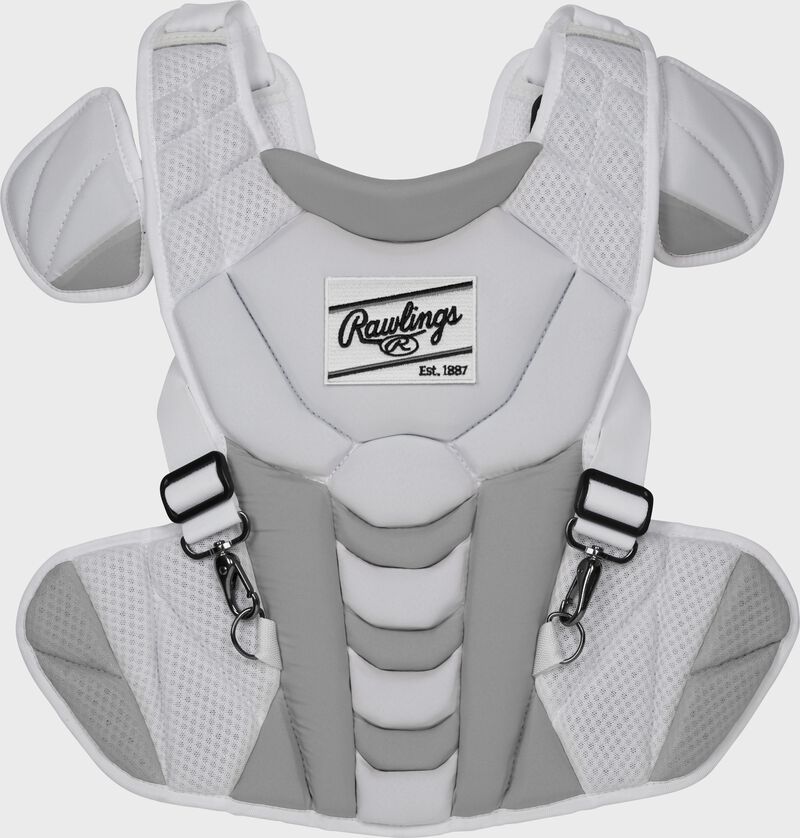 Front of a white/silver Velo softball chest protector loading=