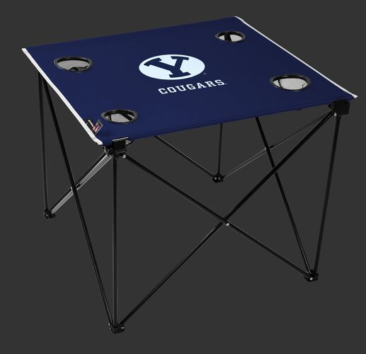 A blue NCAA BYU Cougars deluxe tailgate table with four cup holders and team logo printed in the middle SKU #00713008111