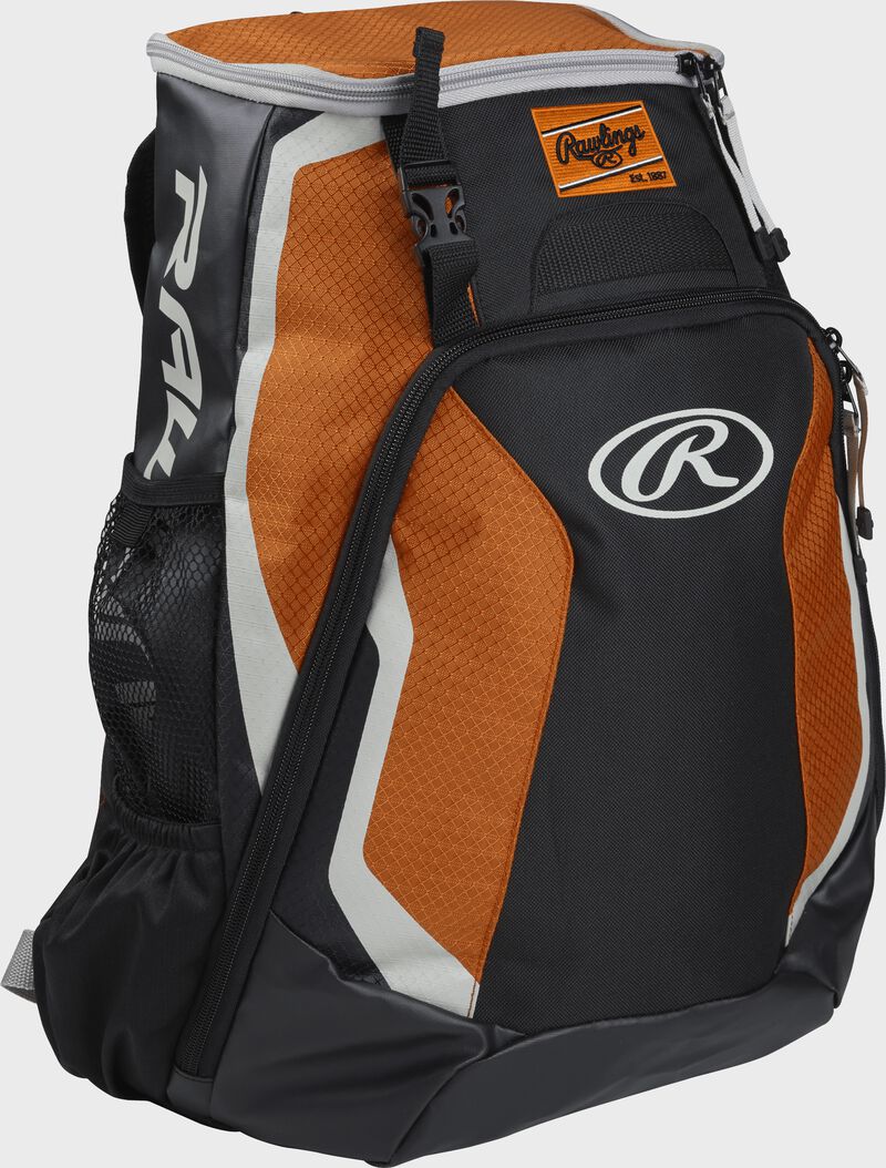 Right side of a black/orange R500 Rawlings Players equipment backpack with white trim