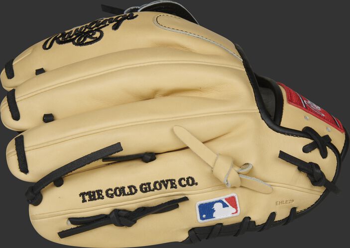 Camel fingerbacks of a Rawlings Brandon Crawford Pro Preferred glove with the MLB logo on the pinkie - SKU: PROS204-BC35