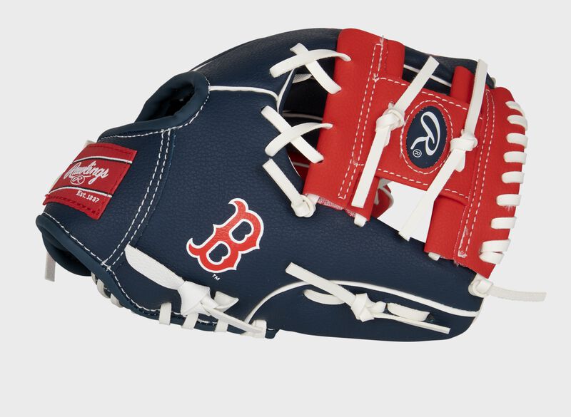 Thumb of a navy/red Boston Red Sox 10-inch team logo glove with a red I-web and Boston logo on the thumb - SKU: 22000024111