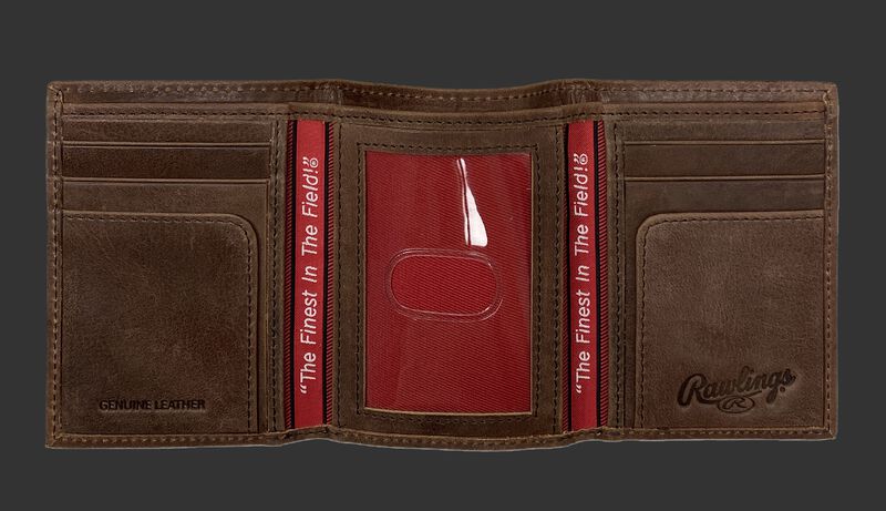 Inside of a brown Rawlings American Story tri-fold wallet with multiple card slots and clear ID window - SKU: RPW002-200
