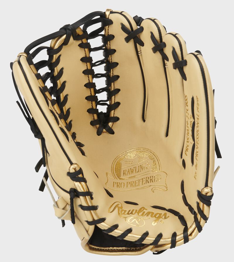 Camel palm of a Pro Preferred outfield glove with gold stamping and black laces - SKU: PROS3039-22CBSS