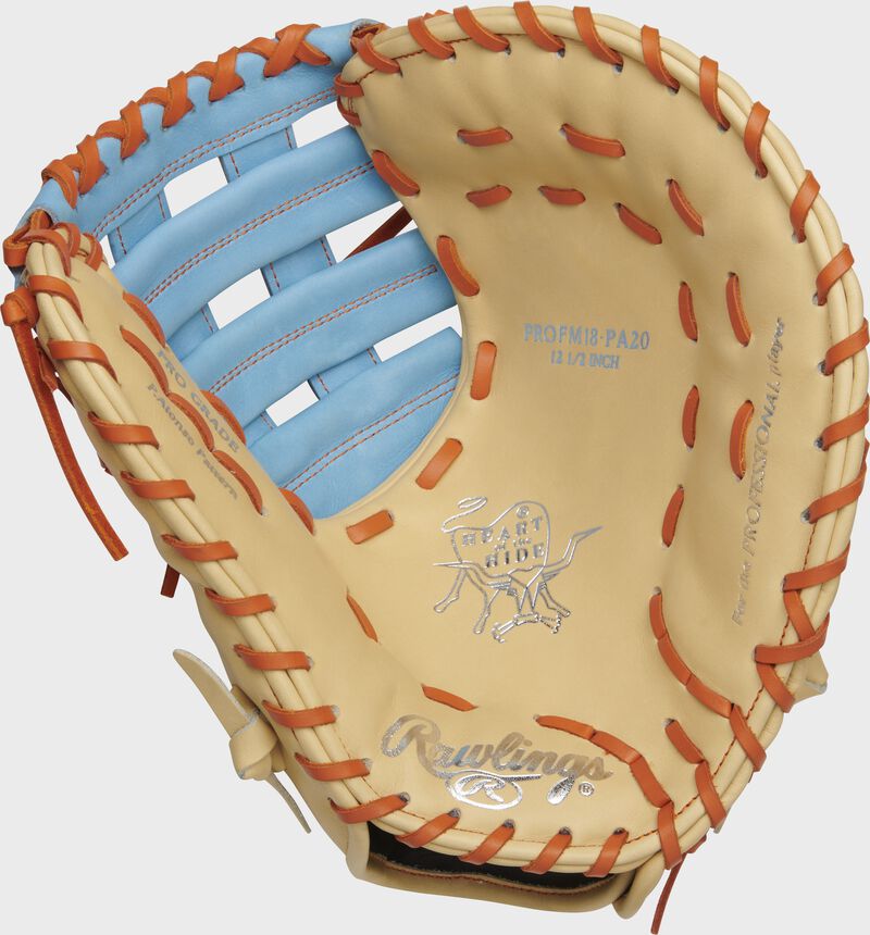 Camel palm of a Rawlings Pete Alonso 1st base mitt with orange laces - SKU: PROFM18-PA20