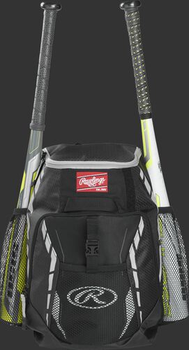 A black R400 youth players team backpack with a bat in each of the side compartments