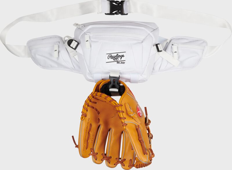 Front of a white Rawlings sling bag with a ball glove attached to the external clip - SKU: RSLING-WH