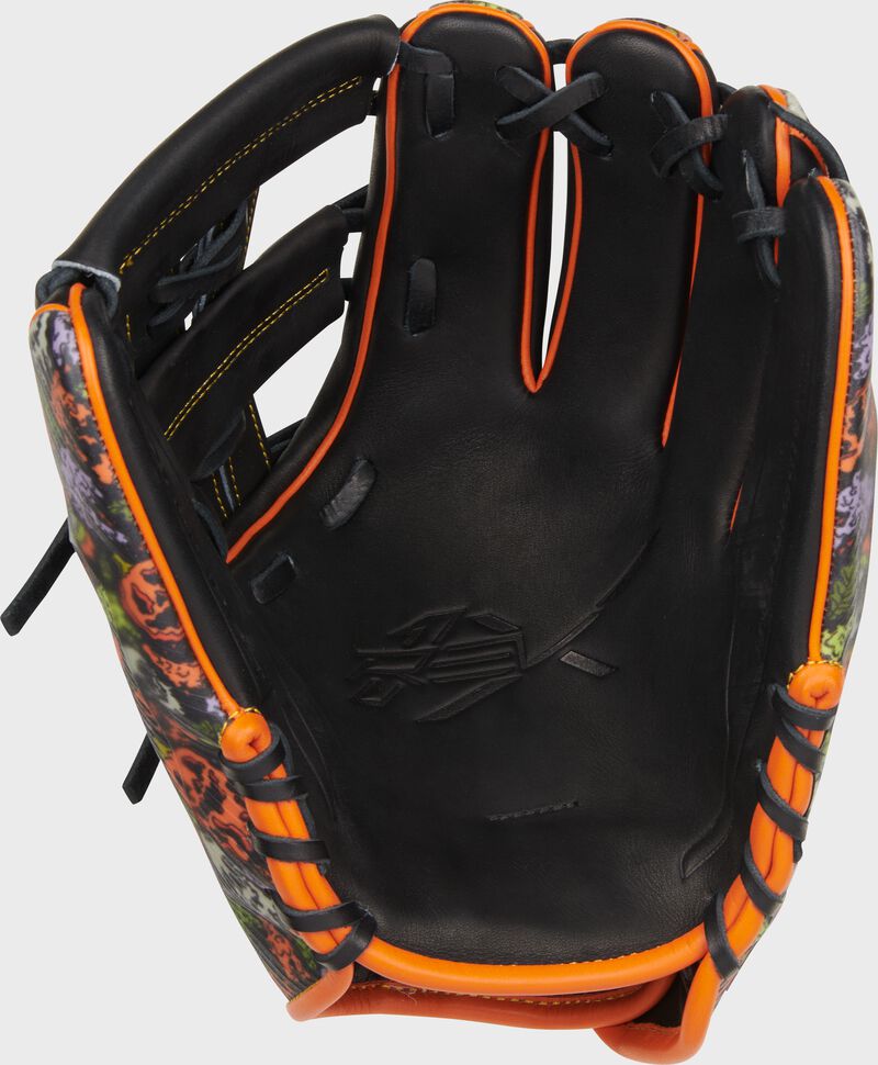 Black palm of a Rawlings Halloween REV1X infield glove - SKU: REV204-32BOO