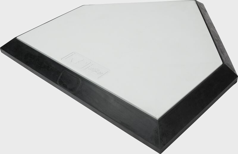 Front corner of white Rawlings Hollywood home plate with a black edge - SKU: 12807300