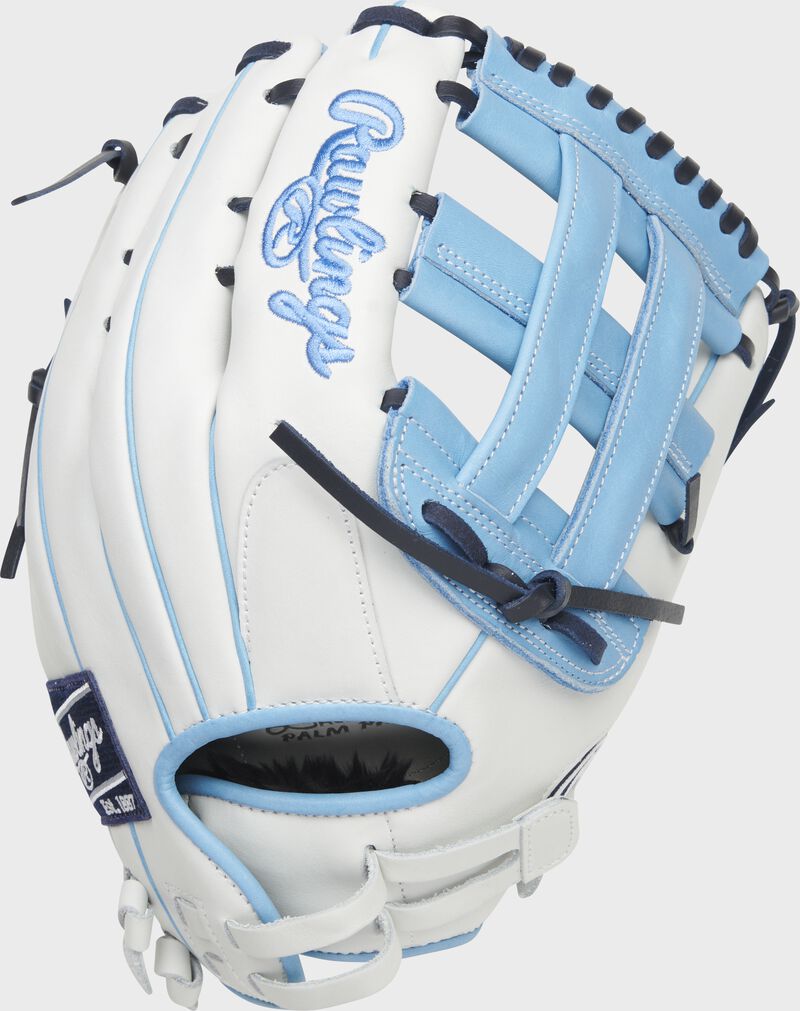 Back of a white/Columbia blue Liberty Advanced Color Series outfield glove with a pull strap back - SKU: RLA1275SB-6WCBN loading=