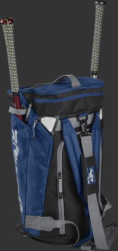 Right angle of a navy R601 Hybrid players duffel bag standing up with two bats