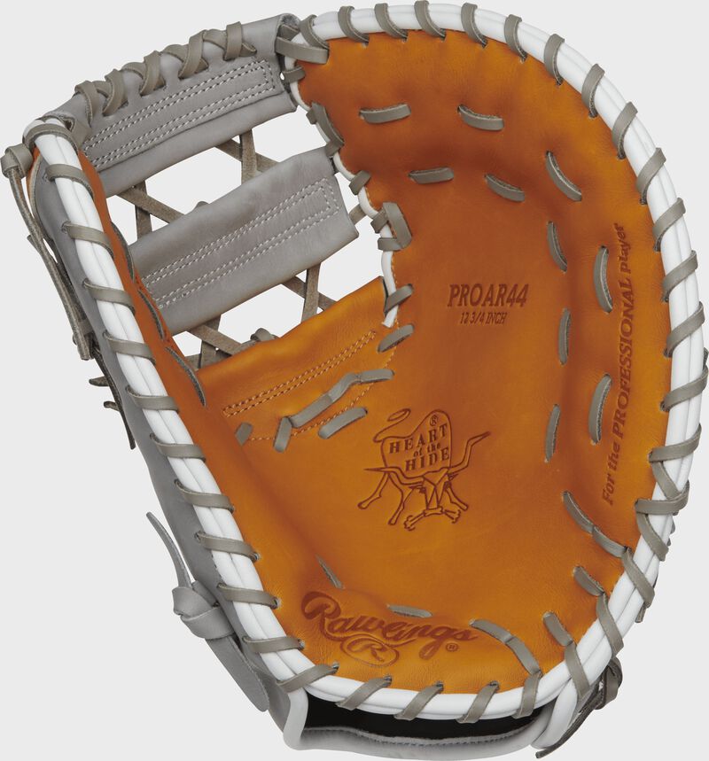 PROAR44 Anthony Rizzo pattern Heart of the Hide first base mitt with a tan palm and grey laces